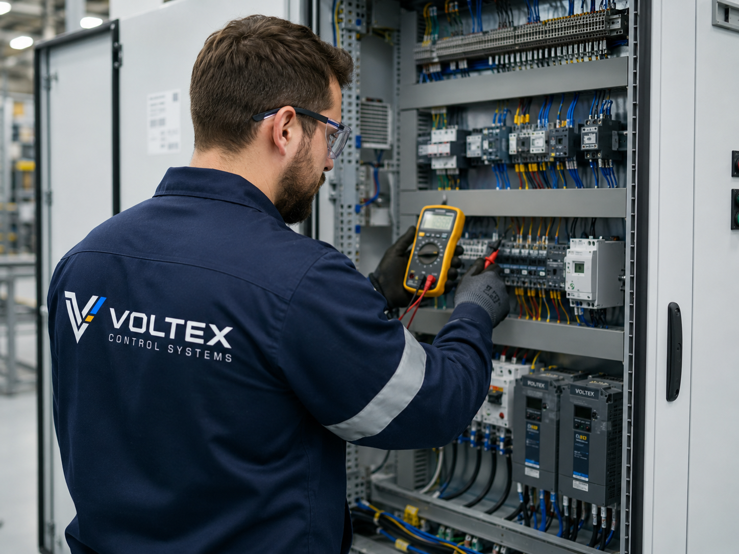 טכנאי VOLTRIX מבצע בדיקות חשמליות בלוח בקרה במהלך תהליך הייצור